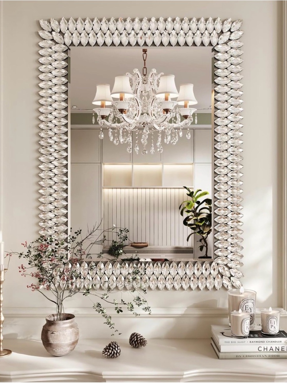 Elegant Crystal Leaf Frame Wall Mirror - White/Silver